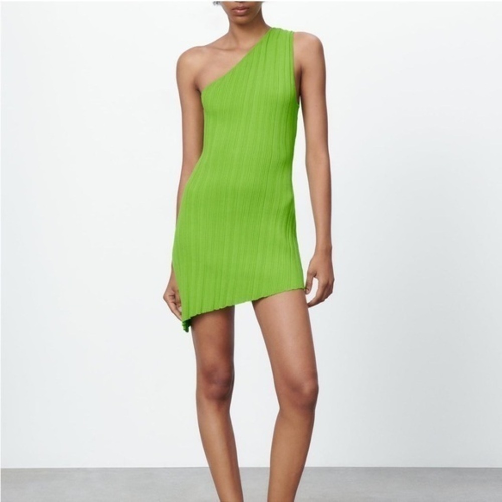 Zara Ribbed One-Shoulder Green Asymmetrical Dress Size Small